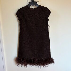 Helena Girls Brown Textured Shift Dress Ostrich Feather Hem Size 12 NWT